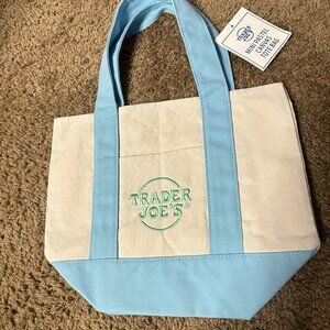 NWT Rare Trader Joe’s Mini Pastel Canvas Tote Sky Blue and white Bag